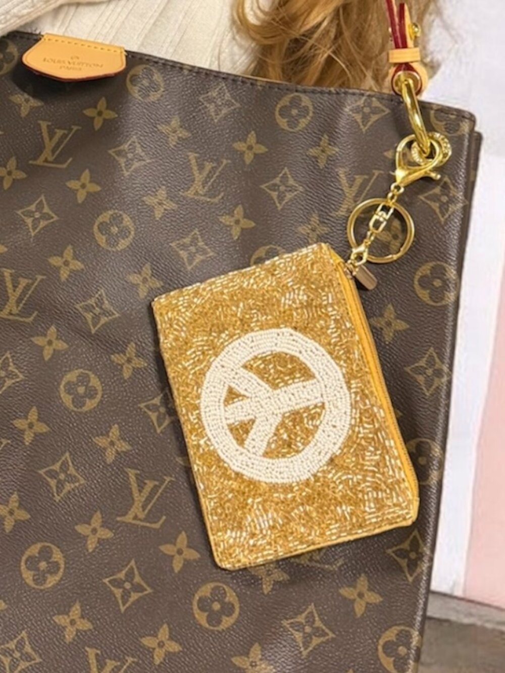 NWT Gold Beaded Peace Sign Coin Purse | Bag Charm | Keychain